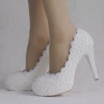 Sweet Flower Women Pumps High Heels Lace Platform Pearls Rhinestone Wedding Shoe - £65.37 GBP