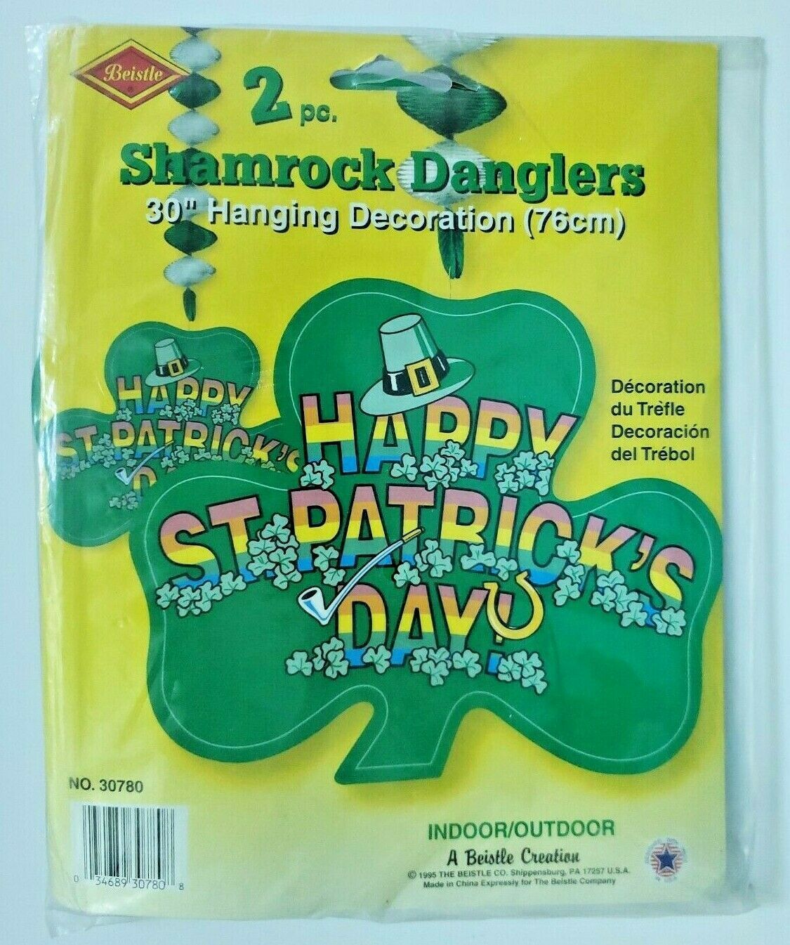 1995 Beistle 30" 2 piece Shamrock Danglers Hanging Decoration New in Package - $19.99