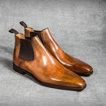 Handmade Brown Patina Chelsea Leather Boots, Men&#39;s side elastic patina shaded Bo - £141.54 GBP