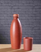 Terracotta Natural Handmade Water Bottle 1000 ml with Glass Set Brown Earthen Cl - £44.59 GBP