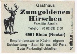 Matchbox Label Germany Gasthaus Zumgoldenen Hirshen Binau - £0.76 GBP