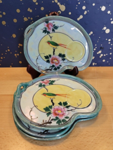 Vintage Japan Lusterware Snack Plate Floral Bird Kidney shape Hand painted set 4 - £13.30 GBP