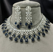 Bollywood Style Rose Gold Plated CZ Blue Sapphire Choker Necklace Earrings Set - £76.16 GBP