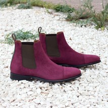 Men Purple Chelsea Suede Leather Black Sole Ankle Boot Slip On Handmade US 7-16 - £125.33 GBP