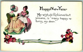 Happy New Year Tea Party Ribbon Flowers Poem 1915 DB Postcard G12 - £7.00 GBP