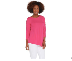 Joan Rivers Button Sleeve Jersey Knit Top w/ Asymmetric Hem Peony, Small - $11.25