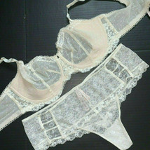 Victoria&#39;s Secret unlined 36D BRA SET+XL THONG cream WHITE lace polka dot Floral - £55.07 GBP