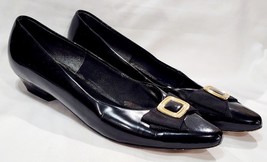 Selby BLACK LEATHER BOW Heel Gold Square Shape Ribbon Retro Pump Women 9... - $34.99