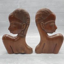 Vintage Mid Century Teak Carved Bust of African Woman Man Indonesia Bookends - £140.16 GBP
