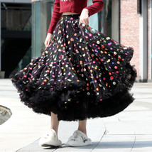 Black Layered Tulle Midi Skirt Floral Black Party SKirt Plus Size Holiday Skirts