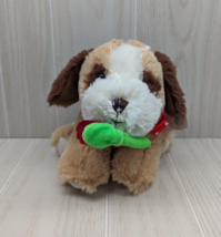 Goffa tan brown plush stuffed puppy dog holds red rose flower in mouth heart bow - £6.22 GBP