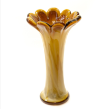 Vintage Hand Blown Art Glass Flower Vase Yellow Brown Swirl Opalescent R... - £43.50 GBP