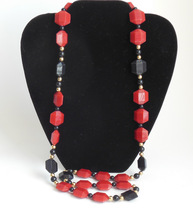 Vintage Black Red Bead Monet Costume Jewelry Long Necklace Gold Tone 1980s - £11.68 GBP