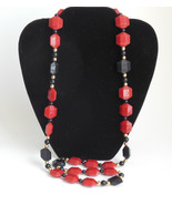 Vintage Black Red Bead Monet Costume Jewelry Long Necklace Gold Tone 1980s - £11.75 GBP