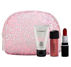 MAC Makeup Gift Set with Russian Red lipstick, Rose Pigment, Strobe Cream &amp; Bag - £22.85 GBP