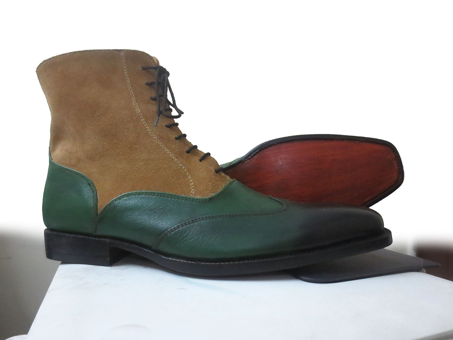 High Ankle Boots Tan Green Contrast Premium Quality Burnished Toe Suede Leather