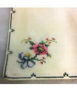 Table Runner Cross Stitch Hand Sewn Green Border &amp; Floral Design 65 x 16... - $16.82