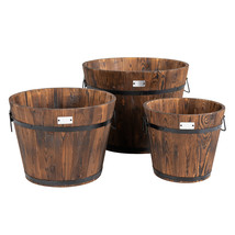 Costway Wooden Planter Barrel Set 3 pcs Decorative Flower Bed Multiple Size - £110.40 GBP