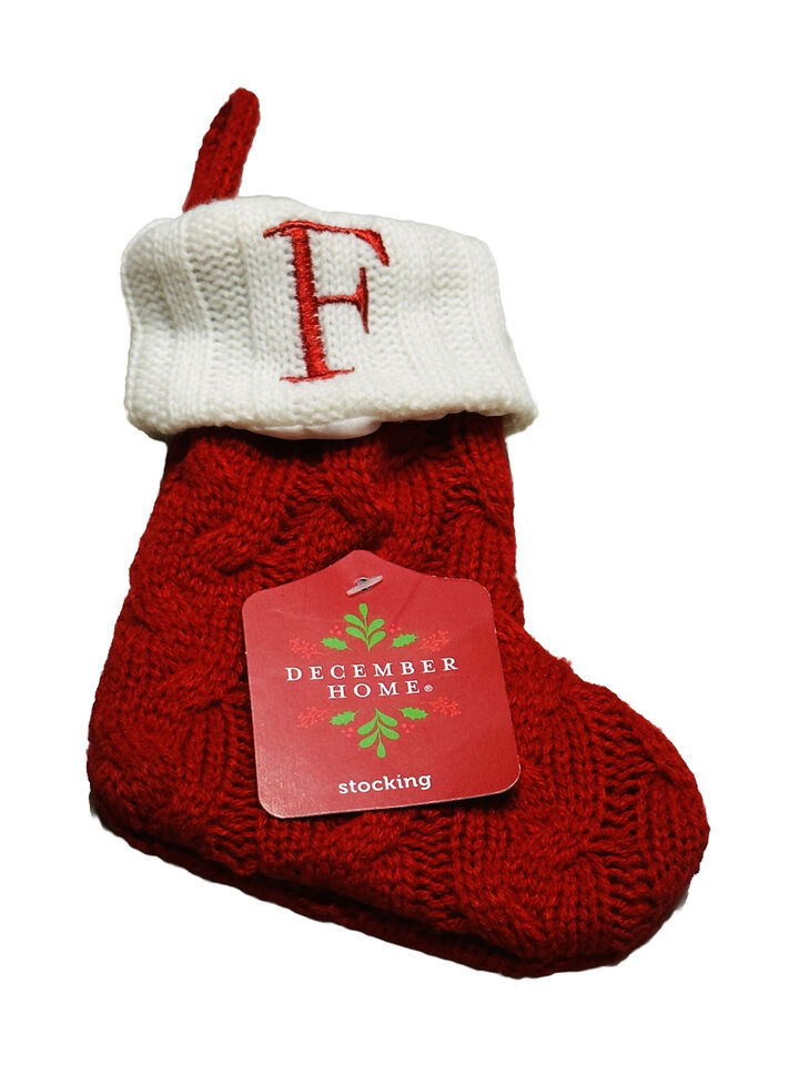 December Home Mini Stocking, Red and White. Cable Knit Monogram Letter F 7 Inch