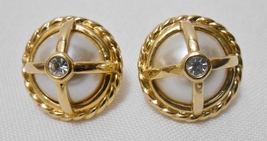 S. A. L. Vintage Swarovski Gold Tone &amp; Faux Pearl Cabochon Dome Earrings Pierced - £31.30 GBP
