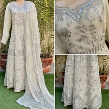 Pakistani Egg Shell White Long Maxi Style Embroidered Sequins Chiffon Dress,XL#2 - €140,16 EUR