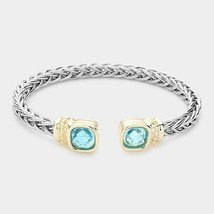 Aqua Blue Gold Cushion Square Stone Silver Cable Cuff Bracelet Jewelry - $31.68