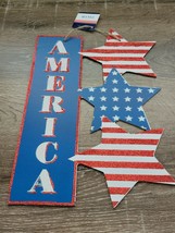 Glitter Patriotic Wall Sign &quot;AMERICA&quot;  12&quot;X9.5&quot; Red White Blue-Stars &amp; Stripe - £9.30 GBP