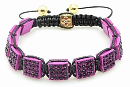 Mens Womens Purple Rhinestone Pave Square Bead Cuff Bracelet Adjustable - £12.45 GBP