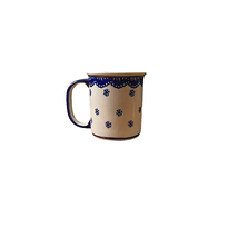 Manufaktura Poland Snowflake Coffee Mug Hand Made Pottery 3.75&quot; Blue Cream - £23.36 GBP