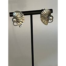 Vintage sterling silver Lily Pads screw back ear clips, signed - $56.93