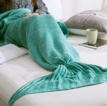 Soft Throw Blanket Mermaid Tail Crochet Sleeping Bag 35.5&quot; x 71&quot; Acrylic Green - £15.84 GBP
