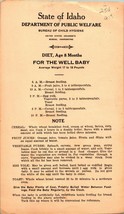 1920s State of Idaho Department of Public Welfare Baby Diet Cards Child Hygeine - £16.38 GBP