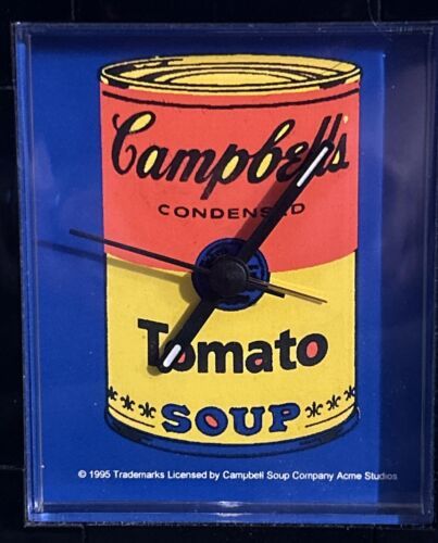 Primary image for Vintage 1995 Andy Warhol Campbell's  Tomatoe Soup Clock 4 1/2"tall x 3 1/2" wide