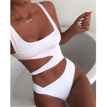 Sexy Bikini Set One Shoulder One Piece Swimsuit   Off Shoulder White Patchwork S - £28.07 GBP