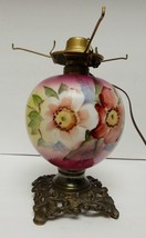Vintage Hurricane Table Lamp Base Hand Painted Floral Antique Brass Base 10.5&quot; - £102.29 GBP
