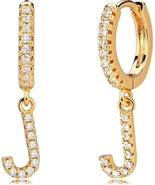 18K Dainty Gold Filled Pave Zircon Letter Charm Huggie Hoop Earrings Wea... - $34.16