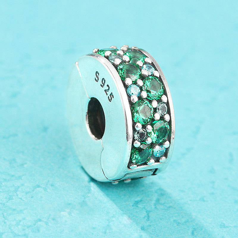 925 Sterling Silver Mosaic Shining Elegance, Green Crystals & Teal CZ Clip Charm