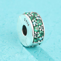 925 Sterling Silver Mosaic Shining Elegance, Green Crystals &amp; Teal CZ Clip Charm - £11.98 GBP