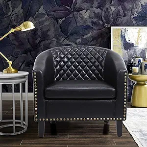 Accent Barrel Chair For Living Room Black Pu Leather Leisure Armchair With Nailh - £280.51 GBP
