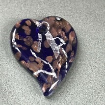 Estate Large Cobalt Blue w Copper &amp; Silver Confetti Fused Art Glass HEART Pendan - £10.31 GBP