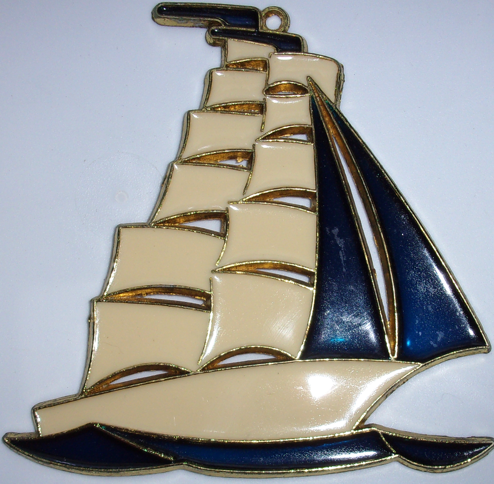 Vintage Blue & Cream Stain Glass Hanging Sail Boat - $8.99