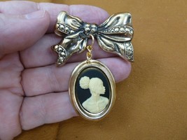 CA10-149 RARE African American LADY black + ivory CAMEO brass bow Pin Pendant - £26.86 GBP