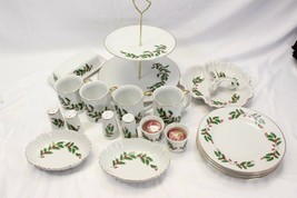 Xmas Holly Berry Plates Cups Candle Holder Mugs Salt Pepper Shakers Lot of 19 - £38.55 GBP