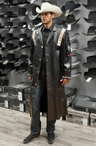 Black Western Fringed Style Beaded Patches Real Finished Cow Leather Long Coat - $303.79