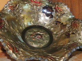 Antique 7&quot; Goofus Glass Bowl Belle Rose pattern Gold Red relief embossed... - $10.79