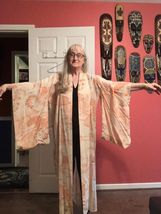 CL-KIM-9 Pre WWII vintage long off white orange tree fan floral design K... - $100.99