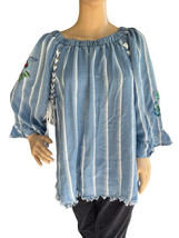 Ali Miles Tencel Blue White Stripe Embroidered Floral 3/4 Sleeve Peasant... - £15.69 GBP