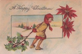 Happy Christmas Child Poinsettia Holly 1915 South Auburn Nebraska Postcard B03 - £2.39 GBP