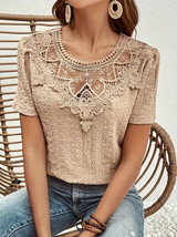 Contrast Lace Crew Neck Blouse, Casual Short Sleeve Blouse For Spring &amp; ... - $18.70+