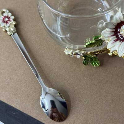 Enamel Flower Glass Coffee Mugs Tea Cup with Steel Spoon Floral Item image 3